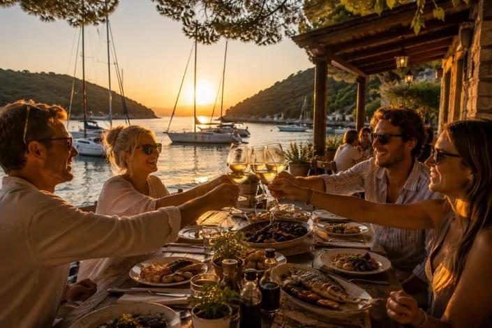 yacht charter guests dinning in Croatian tavern by anchored sailboats